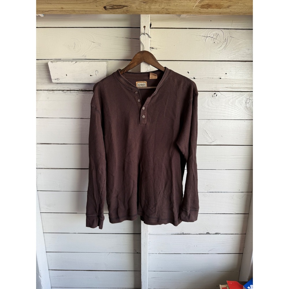 Schmidt Workwear Mens Brown Waffle Knit Thermal Henley Shirt Long Sleeve Large